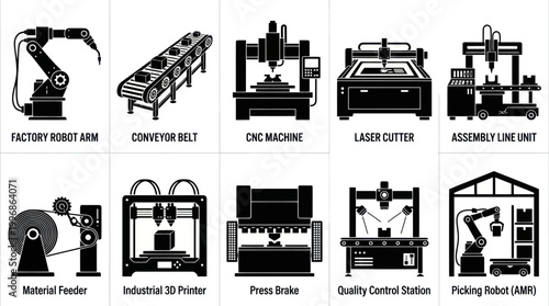 Industrial Automation Icons: Factory Robot Arm, Conveyor, CNC Machine, Laser Cutter