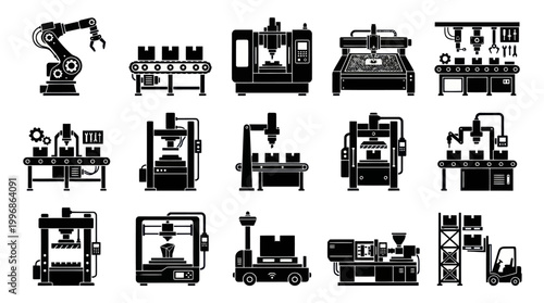 Factory Automation Production Machines  Robotics Industrial Black Glyph Icons Set