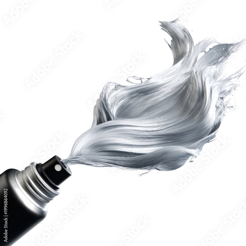 A silver spray can releasing a vibrant burst of cream on transparent background