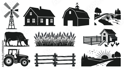 Black  White Glyph Icons of Farm Elements: Tractor, Barn, Cow, Wheat, Mill