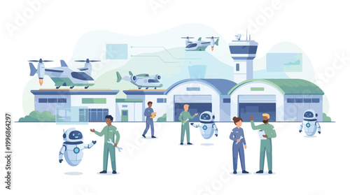 Modern Heliport with Robotic Assistants and Aviation Workers Illustration Vector Graphic