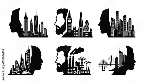 Фотография Urban Cityscape Silhouettes within Human Profile Icons, Modern Architecture and