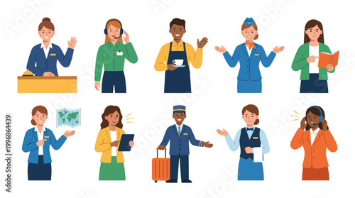 Diverse hospitality professionals in flat vector art style