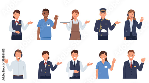 Diverse professionals in uniform, flat design, welcome gesture