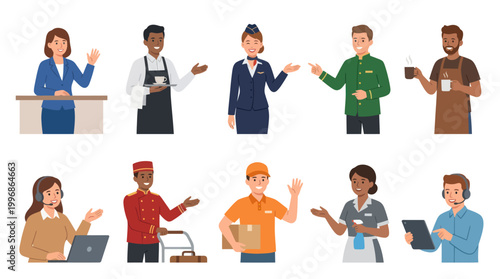 Diverse service workers, hospitality, delivery, call center, illustration