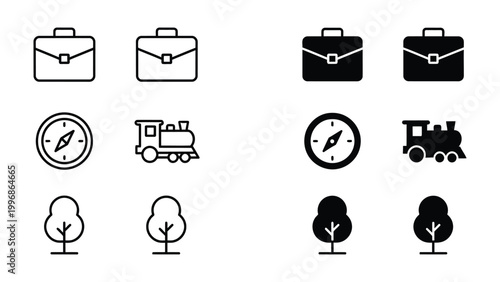 Contrast icons of briefcases, compasses, trains, and trees in light and dark styles
