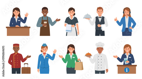 Diverse hospitality and service staff vector illustration set