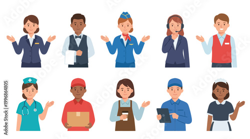 Flat Vector Illustration of Diverse Professional People in Various Service Industry Occupations