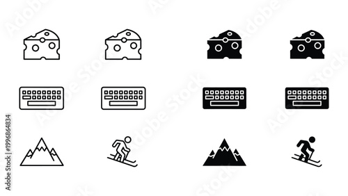 Variations of cheese, keyboards, mountains, and skiers in simple icons