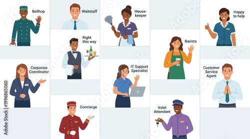 Flat Vector Illustration of Diverse Hospitality and Service Industry Professionals and Staff