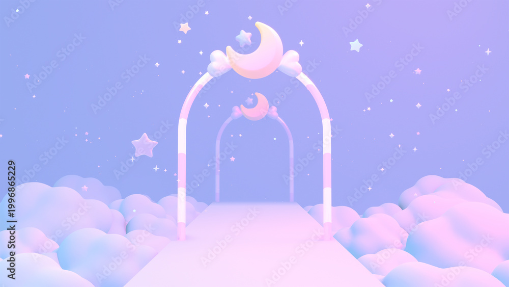 Naklejka premium 3D rendered pastel moon corridor on clouds.