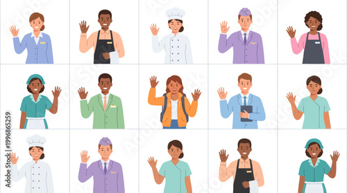 Flat Design Vector Illustration: Diverse Service Industry Professionals Waving Hand.