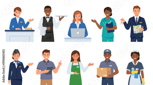 Diverse Occupations and Service Industry Professionals Flat Vector Characters Set