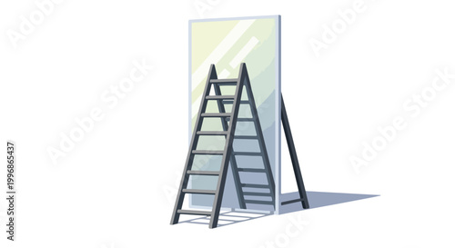 Two ladders standing in front of a large mirror with reflections on a white background