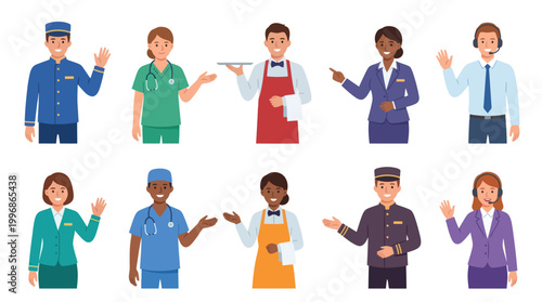 Smiling Diverse Service Industry Professionals Flat Vector Characters Set