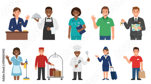 Flat Vector Illustration of Diverse Service Industry Professionals