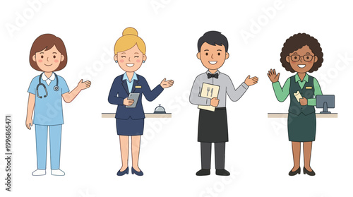 Cartoon people in uniform: doctor, receptionist, waiter, cashier, flat design