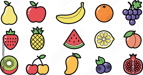 Collection of 15 colorful, flat-style fruit on a white background, pear apple banana orange grapes