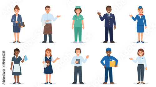 Diverse professionals in uniform, flat vector illustration, representing various industries