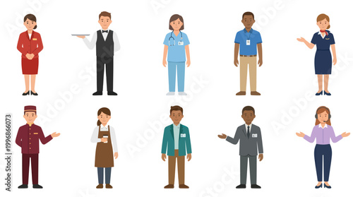 Diverse professionals in flat illustration style for hospitality and service industries