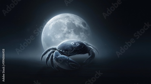 Crab with cancer symbol standing on calm water under moon