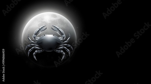 Crab posed before illuminated moon on black background