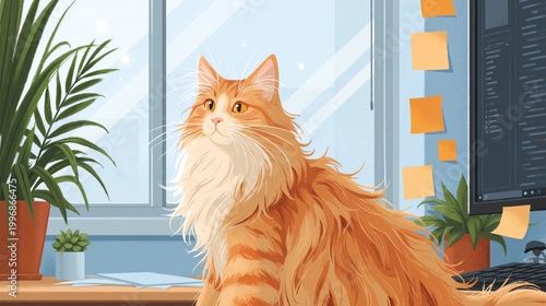 Long haired orange cat sitting on desk by window and monitor
