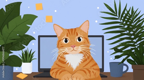 Ginger cat sitting on desk with plants and laptop screen