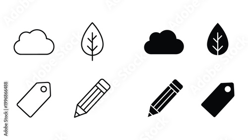 Contrasting icons of weather, nature, stationery, and tags in black and white styles
