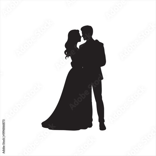 A black vector illustration of a married couple captures the romance of a bride in her wedding dress and a groom dancing in a graceful silhouette
