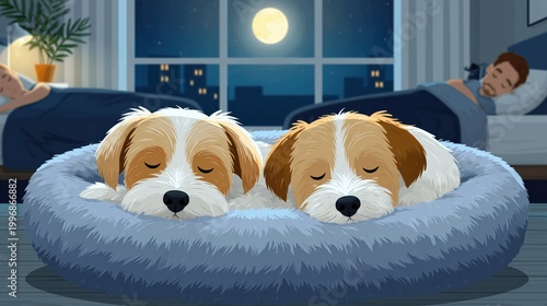 Two terrier dogs sleeping on fluffy bed by nighttime window