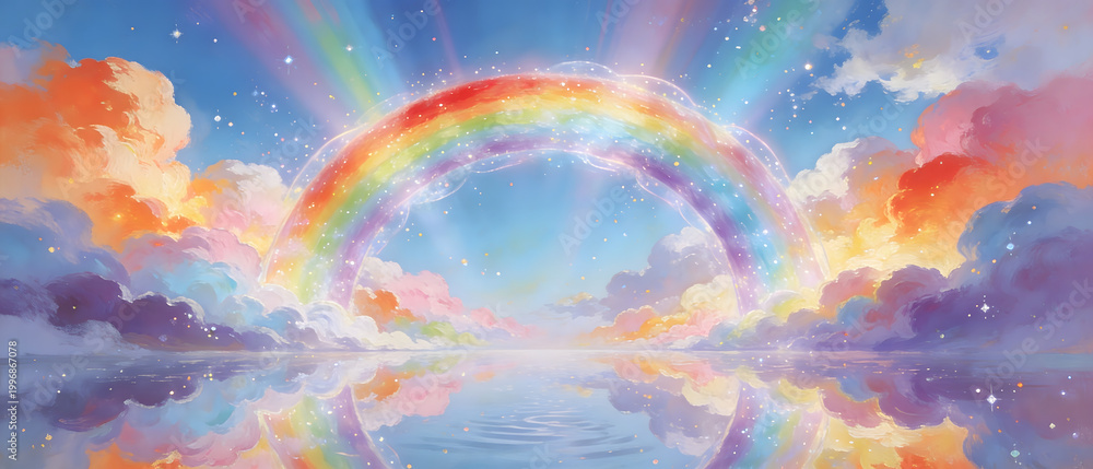 Fototapeta premium A vibrant rainbow appears in the sky with colorful clouds reflecting on water.