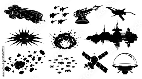 Sci-fi Space Fleet Icons: Spaceship, Jets, Asteroids, Explosions, Satellite, UFO, Black Glyph