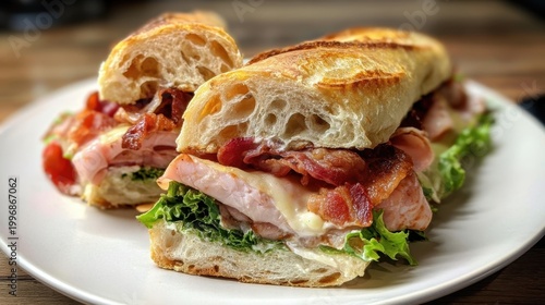 Ham and bacon sandwich assembled on crusty baguette plate