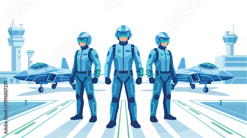 Air Force Pilots and Modern Fighter Jets Ready for Takeoff on Airport Runway Vector Illustration