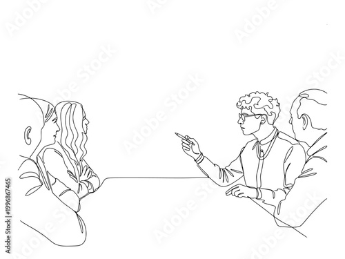 continuous line art of a professional team having a discussion during a business meeting around a table in the office.