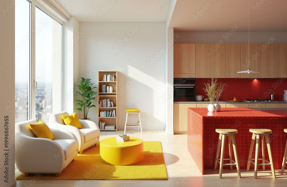 Fototapeta premium Modern open plan living area and kitchen. White sofas, yellow table, wood cabinets, red island. Large window shows city view. Bright light fills room.