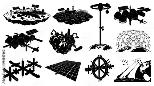 Space Station, Rocket, Satellite, Earth Icons Black White Vector Set