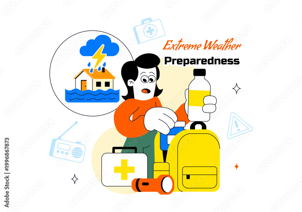Fototapeta premium Extreme Weather Preparedness Vector Illustration With Emergency Kit Storm Warning Safety Plan Disaster Readiness Climate Alert Design