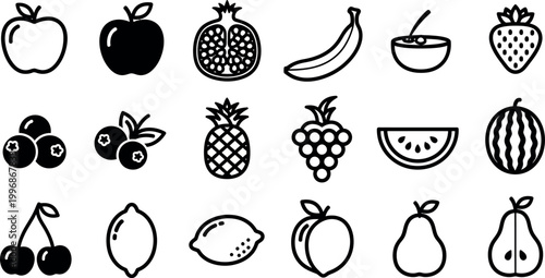 Collection of black and white fruit including apples, pomegranate, banana, bowl of cereal, strawberry, blueberries