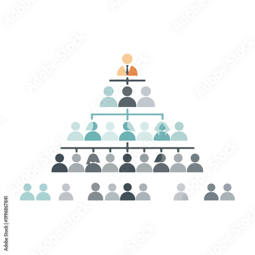 Organizational chart showing hierarchy and team structure with diverse people icons and clear management levels