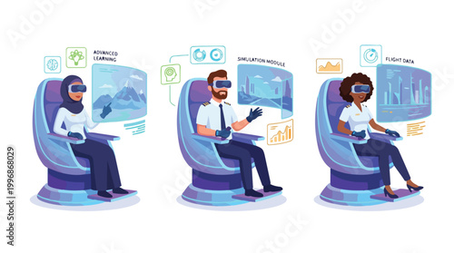 Virtual Reality Pilot Training Simulation Diverse Workforce Concept Vector Illustration
