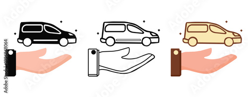 Car insurance and delivery service icons set featuring a small van on a human hand in silhouette, outline, and flat color styles.
