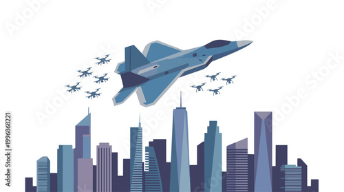 Futuristic Air Force Jet and Drone Swarm Flying Over Modern Cityscape Vector Illustration