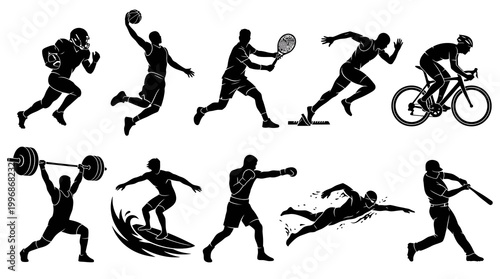 Sports Silhouettes Vector Art: Football, Basketball, Cycling, Running, Swimming, Boxing, Baseball Athletes