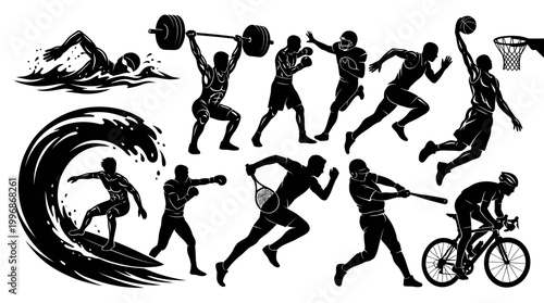 Sports Athletes Black and White Vector Silhouettes Set for Various Activities