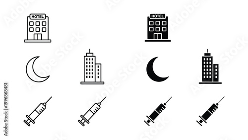 Mysterious icons combining hotels, syringes, and nighttime cityscapes with moon phases
