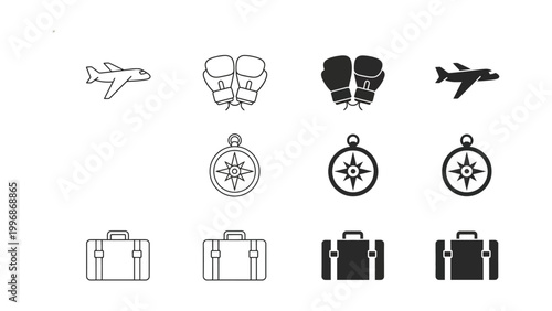Travel and adventure icons featuring aircraft, binoculars, compasses, and briefcases