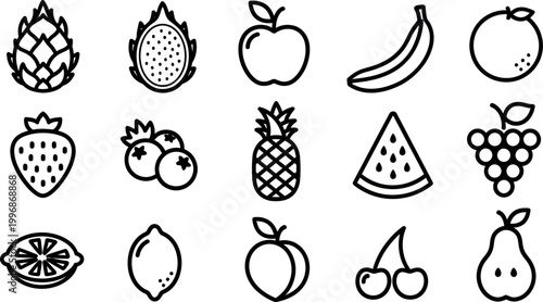 Collection of black and white line of various fruits dragon fruit apple banana orange