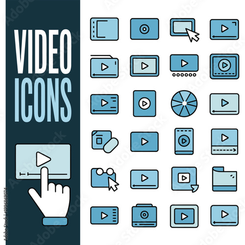 Video icons set for multimedia applications and websites with play buttons